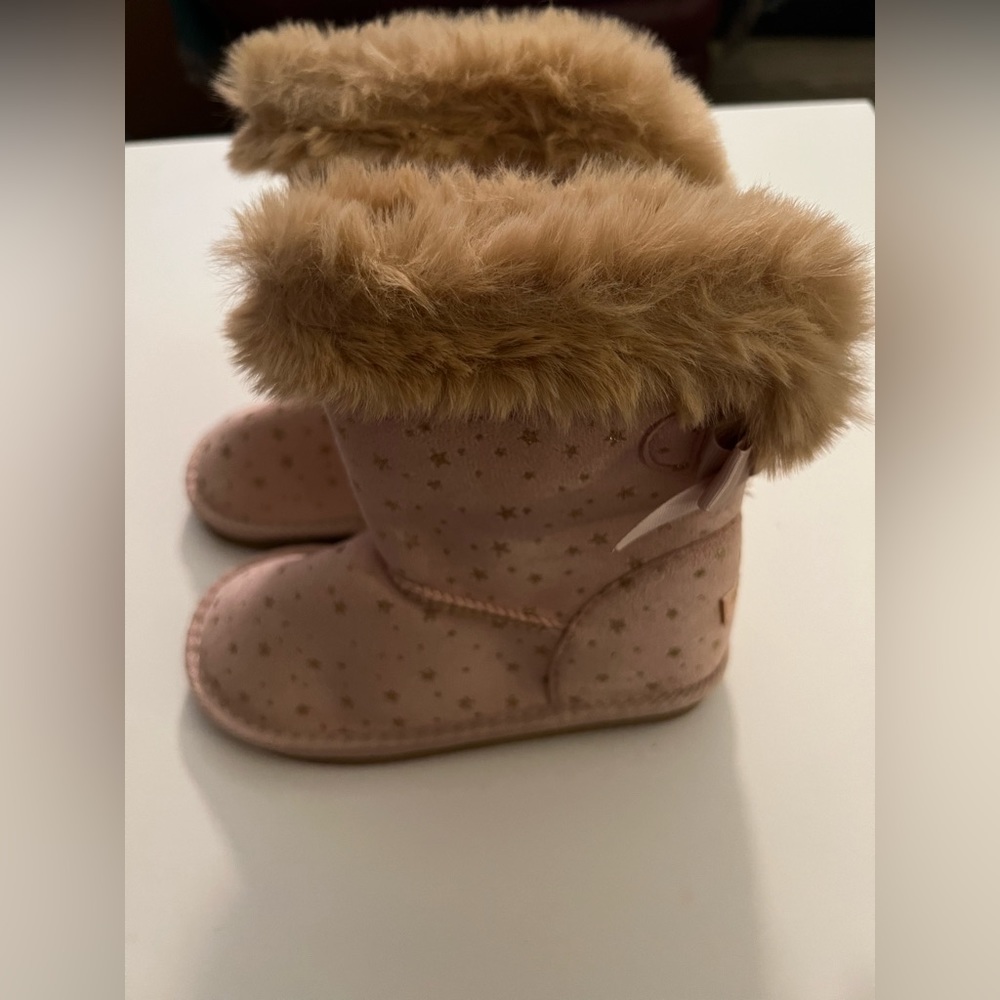 Size 12 girls kids pink silver star print fur trimmed lined bow back boots